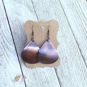Patina Copper Teardrop Earrings: Lightweight Curved Design