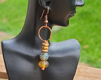 Amber Hoop earrings. Hammered copper earrings