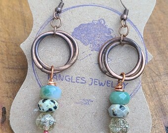 Small Copper hoop earrings, Picasso Czech facets, Silvered Sage and Dalmatian Jasper earrings