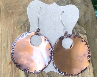 Large Textured Copper Earrings, Hammered Earrings, Circle Earrings