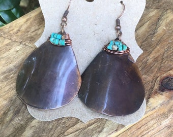 African Turquoise Teardrop Earrings wrapped with Copper Wire