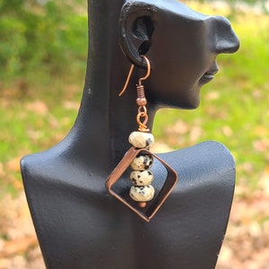 Square Copper Hoops with Dalmatian Jasper