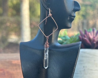 Wire Wrapped Copper Quartz Earrings, Wire Earrings, Boho Earrings