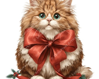 Cute Cat Christmas Clipart – Adorable Kitten with Red Bow PNG (Digital Download)