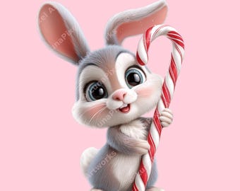 Schattige konijntje kerst clipart png – kawaii konijn met snoepgoed (digitale download)