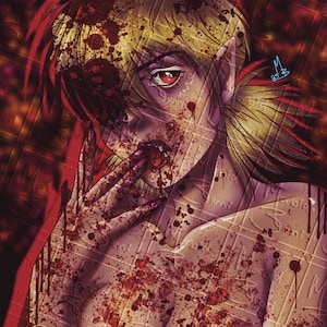 May include: Digital illustration of a vampire with blonde hair and red eyes, covered in blood. The artwork has a dark, horror theme with a stylized, anime-inspired aesthetic. The background is a textured, reddish-brown.
