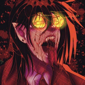May include: Digital art of a vampire-like figure with glowing yellow eyes and sharp fangs. The artwork features a dark color palette with red and black hues, and a stylized, somewhat abstract aesthetic.