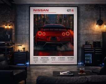 Plakat z Nissanem GT-R R35, hipersamochód, grafika ścienna (do pobrania w wersji cyfrowej)
