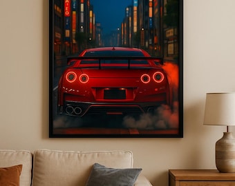 Plakat z Nissanem GT-R R35, hipersamochód, grafika ścienna (do pobrania w wersji cyfrowej)