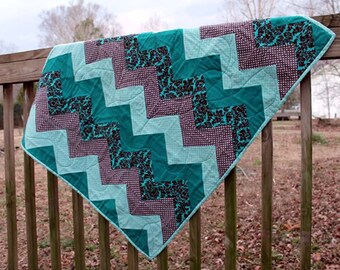 Chevron Quilted Blanket - Teal and Brown - SALE