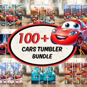 Puede incluir: Una colección de vasos temáticos de Cars, con varios diseños con Rayo McQueen y otros personajes. La imagen incluye un gráfico grande que dice "100+ CARS TUMBLER BUNDLE". Los vasos son cilíndricos y tienen un acabado brillante.