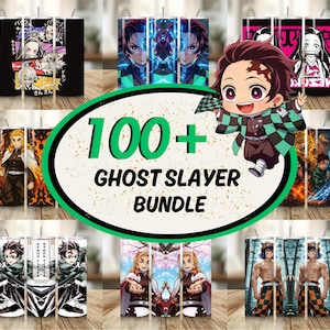 May include: A collection of insulated tumblers featuring anime characters and the text "100+ Ghost Slayer Bundle." The tumblers showcase various character designs in vibrant colors, with some featuring Japanese text. The tumblers are designed with a straw and a black lid.
