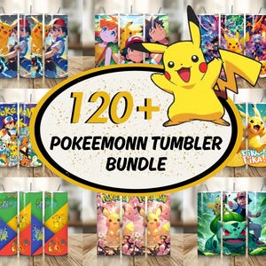 Puede incluir: Una colección de coloridos vasos con varios personajes y diseños de Pokémon. Los vasos cilíndricos presentan ilustraciones vibrantes, incluyendo a Pikachu y otros personajes populares. La imagen también incluye el texto "120+ POKEEMONN TUMBLER BUNDLE".