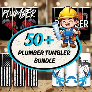 Puede incluir: Una colección de vasos con temática de fontanero. Los diseños incluyen un fontanero de dibujos animados, la bandera estadounidense, llaves inglesas y el texto "PLUMBER". La imagen también incluye el texto "50+ PLUMBER TUMBLER BUNDLE".