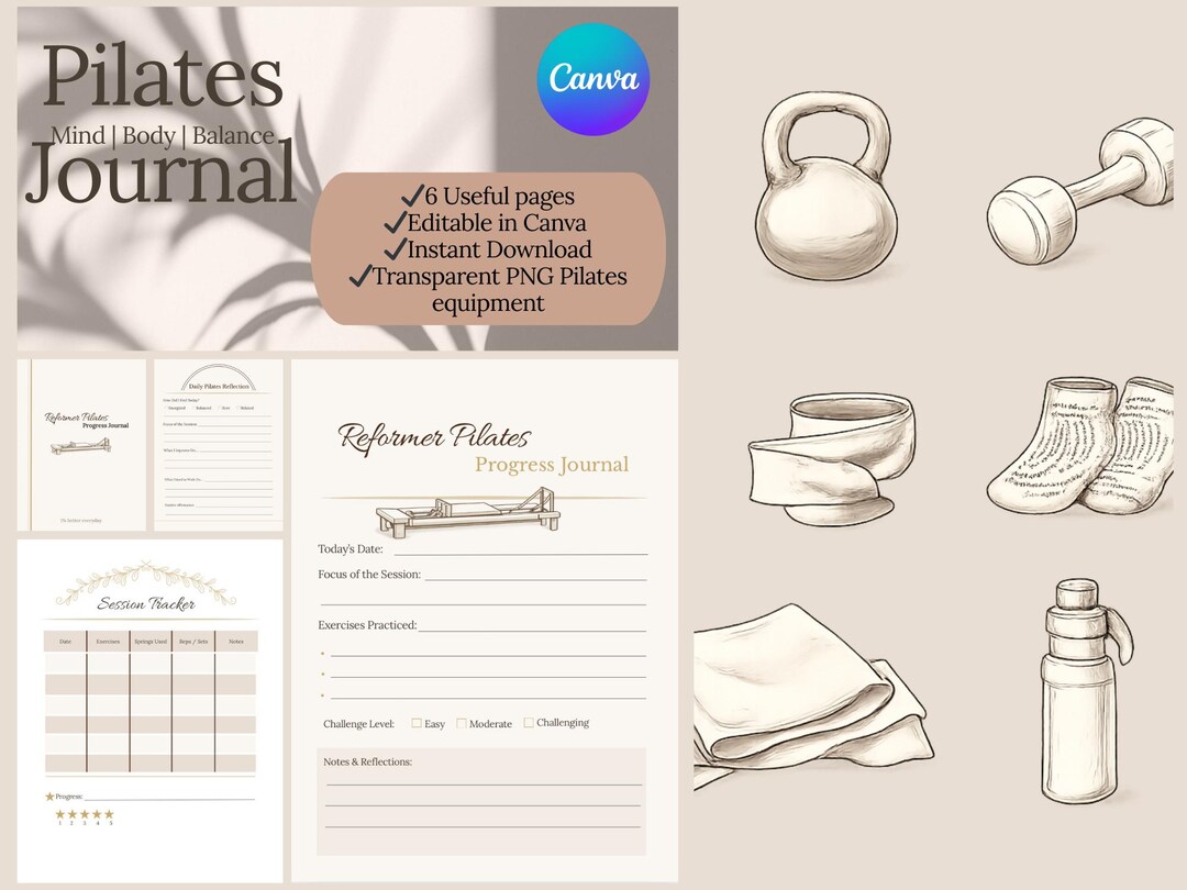 Pilates Reformer Journal Canva Template | Editable Workout Planner | Pilates Instructor & Studio ...