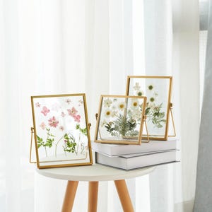 May include: Three rectangular glass frames with thin gold metal edges, each containing pressed flowers. One frame holds pink blossoms and green stems, while the other two frames display white flowers and green foliage, all standing upright.