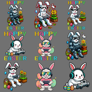Könnte beinhalten: Eine Sammlung von Cartoon-Bildern mit Osterhasen mit Sonnenbrillen und Spielcontrollern. Die Worte "Happy Easter" sind in pixeligem Text über und unter den Hasen dargestellt. Bunte Ostereier und Blumen sind ebenfalls vorhanden.
