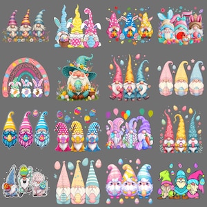 以下が含まれることがあります： カラフルなイースターをテーマにしたノームのイラスト集。各ノームは、高い帽子、ひげ、お祝いの衣装を特徴とし、イースターエッグを持っていたり、ウサギの耳を付けていたりします。デザインには、虹、卵、花のアクセントが含まれています。