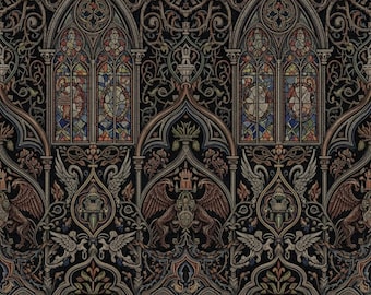 Gothic Cathedral Wallpaper – Dark Stained Glass Baroque Wall Mural, Peel and Stick