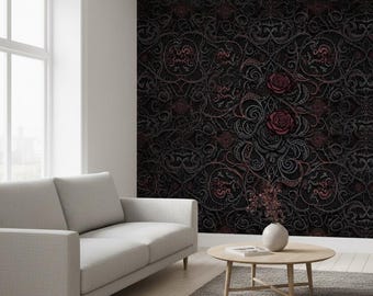 Dark Gothic Rose Wallpaper, Luxury Baroque Floral Pattern, Elegant Wall Mural, Peel and Stick