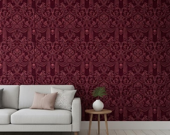 Gothic Skull Wallpaper, Dark Red Baroque Pattern, Victorian Horror Wall Mural, Peel and Stick