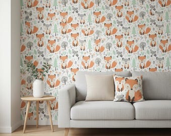 Fox Nursery Wallpaper, Woodland Animals, Peel and Stick Wall Mural