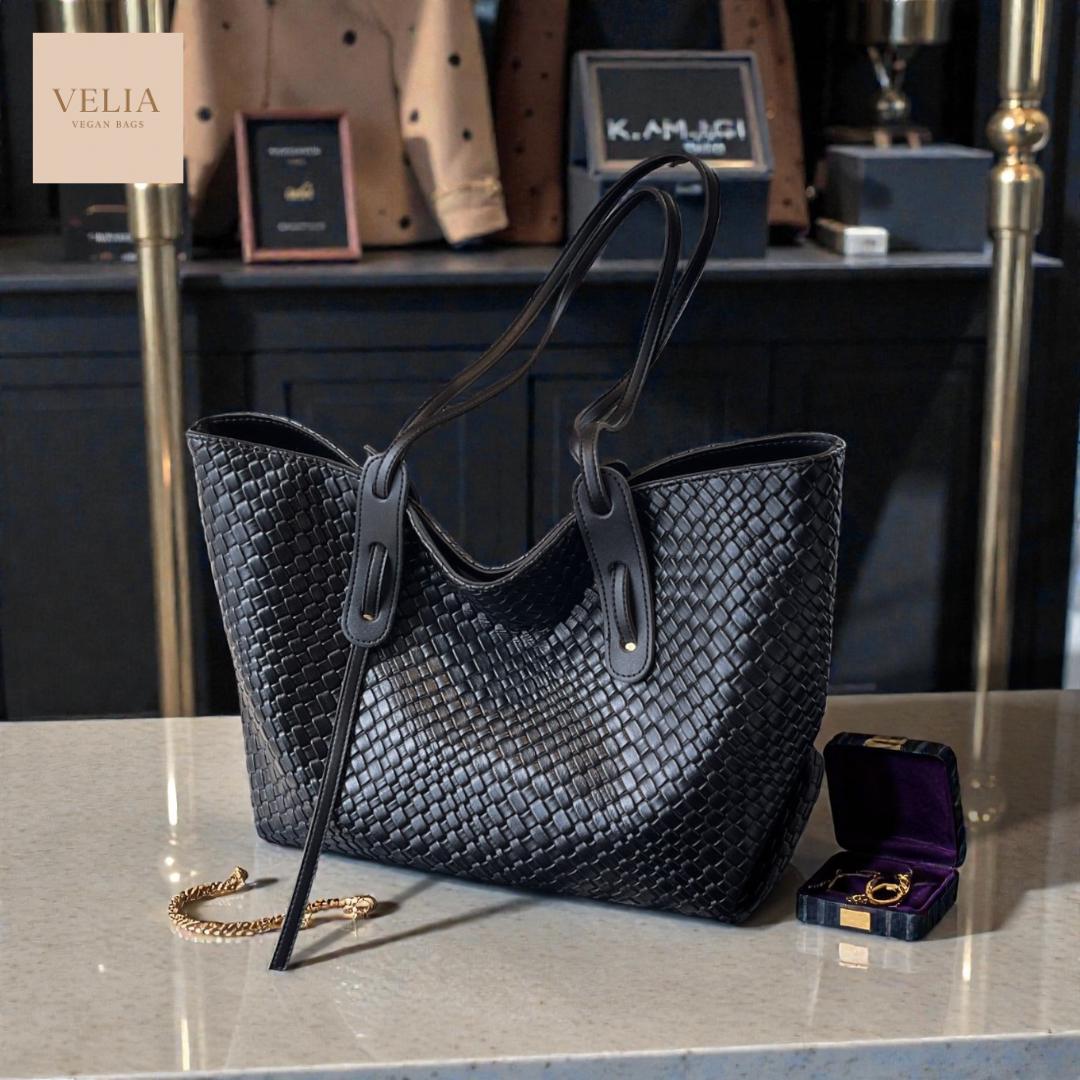 Woven Tote Bag For Women – Vegan Leather Shoulder Handbag With