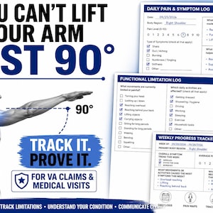 May include: Image shows a man with his arm extended, illustrating a 90-degree angle. Text reads "If you can't lift your arm past 90°." Includes forms for tracking pain, limitations, and progress. The image is for VA claims and medical visits.