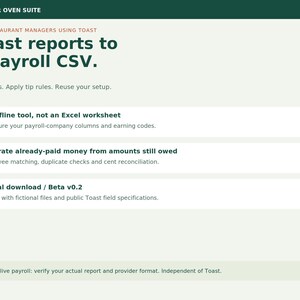 Toast Reports to Payroll CSV Tool - Tip-Out Calculator for Restaurant Managers - Offline Beta