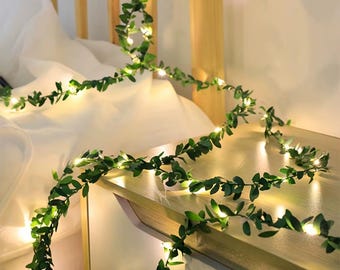 LED Green Leaf String Lights – Copper Wire Simulation Vine Fairy Lights, Battery Powered for Christmas & Home Decoration