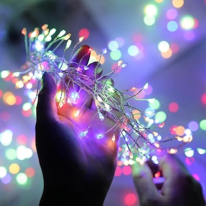 May include: A hand holding a string of multi-colored LED fairy lights. The lights are small and clustered, with a variety of colors including red, green, blue, and yellow. The background is blurred with bokeh lights.