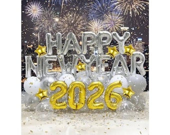 53-Piece Happy New Year 2026 Balloon Set – Silver Foil, Transparent Glitter, Latex Balloons for New Year Eve Party & Celebration