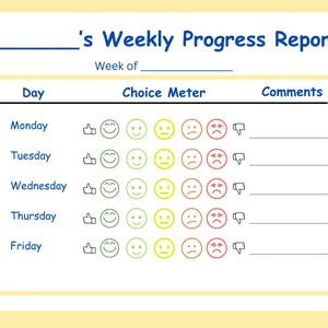 May include: A weekly progress report template with a light yellow background. The title "'s Weekly Progress Report" is in blue. The report includes sections for the day, choice meter with smiley faces, and comments.