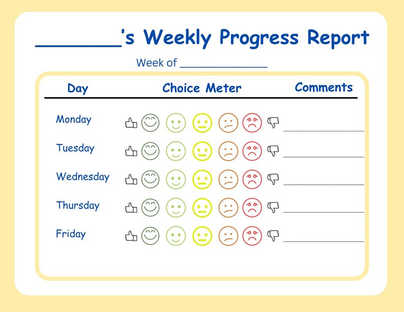 May include: A weekly progress report template with a light yellow background. The title "'s Weekly Progress Report" is in blue. The report includes sections for the day, choice meter with smiley faces, and comments.