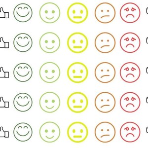 May include: A visual representation of a customer satisfaction survey. The image features a series of emoticons ranging from happy to sad, accompanied by thumbs-up and thumbs-down icons. The emoticons are in shades of green, yellow, and red.