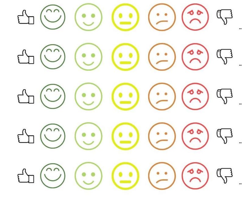 May include: A visual representation of a customer satisfaction survey. The image features a series of emoticons ranging from happy to sad, accompanied by thumbs-up and thumbs-down icons. The emoticons are in shades of green, yellow, and red.