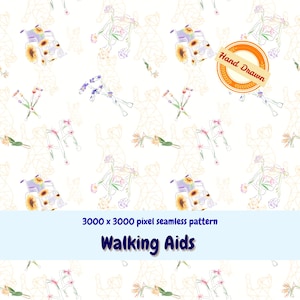 May include: A seamless pattern with watercolour illustrations of wheelchairs, walkers, and flowers. The design includes the text "Walking Aids" and "Hand Drawn" on an orange badge. The pattern is set against a white background.