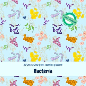 May include: Seamless pattern featuring colorful, hand-drawn bacteria illustrations in shades of yellow, orange, purple, and green on a light blue background. The design includes the text "Bacteria" and "3000 x 3000 pixel seamless pattern".