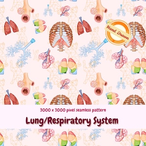 Könnte beinhalten: Nahtloses Muster mit Aquarellillustrationen des menschlichen Atmungssystems, einschließlich Lunge, Brustkorb und Bronchiolen. Das Design hat einen hellrosa Hintergrund mit dem Text "Lung/Respiratory System" und "Hand Drawn".