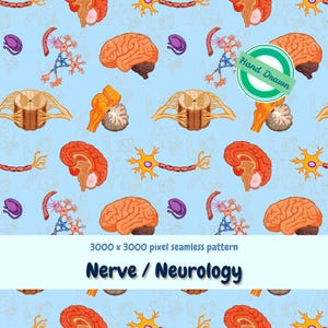 May include: A seamless pattern featuring hand-drawn illustrations of the brain, neurons, and spinal cord on a light blue background. The design includes the text "Nerve / Neurology" and "3000 x 3000 pixel seamless pattern".