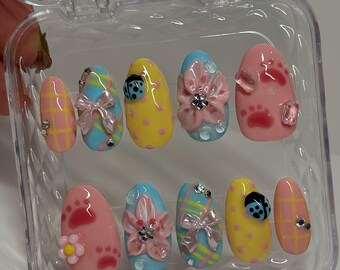 Super Girly Pastel Bow Charm Press On Nails - Short Almond 3D Lady Bug Plaid Handmade Nails