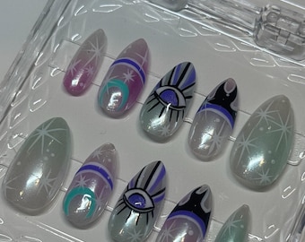 Witchy Evil Eye Chrome Iridescent Press On Nails - Whimsical Shiny Moon Handmade Hand Painted Art Nails