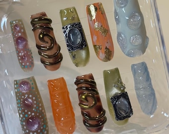 Custom Earthy Fall Press On Nails - Mystical 3D Handmade Fake Nails