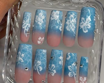 Water Hibiscus Flower Press On Nails - Summer Blue Aura Handmade Fake Nails
