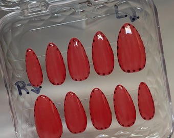 Jelly Red Polka Dot Almond Press On Nails - Girly Date Night Classy Handmade Artificial Nails