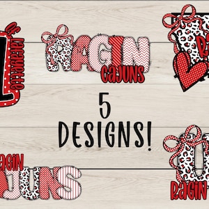 May include: Five designs featuring the words "UL Lafayette" and "Ragin' Cajuns" in red, black, and white patterns. The designs include polka dots, leopard print, and stripes, with decorative bows. The text "5 DESIGNS!" is also present.