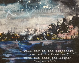 Watercolor print of boat in the dark, Bible verse art, scripture wall art, abstract sailboat art, boat art, galaxy art night sky decor,