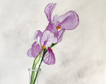 Original watercolor painting of Purple Iris in vase, floral art, Appalachian flowers.