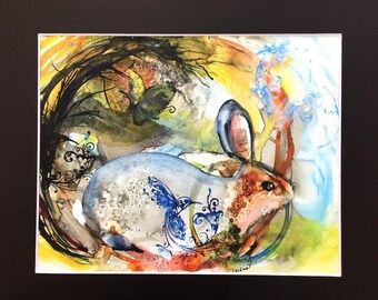 Bunny Print Bunny painting nursery artwork rabbit in burrow woodland artwork original abstract bunny watercolor painting