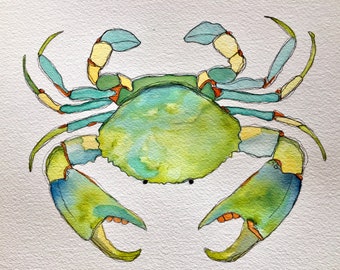 Atlantic Blue Crab watercolor painting, nautical art, original artwork, beach house art, ocean life, summertime art, sea life decor